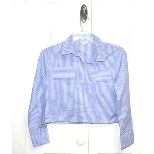 Sim + Sam Womens Long Sleeve Button Front Draw Cord Hem Top Blue White Large $34